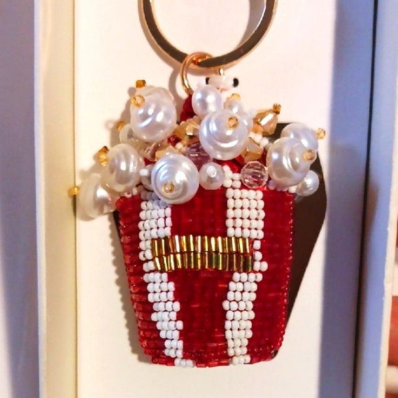 Haute Hippie Red and White Beaded Key Chain/Bag Charm  "Popped Popcorn" 🍿🍿🍿 - Picture 1 of 11